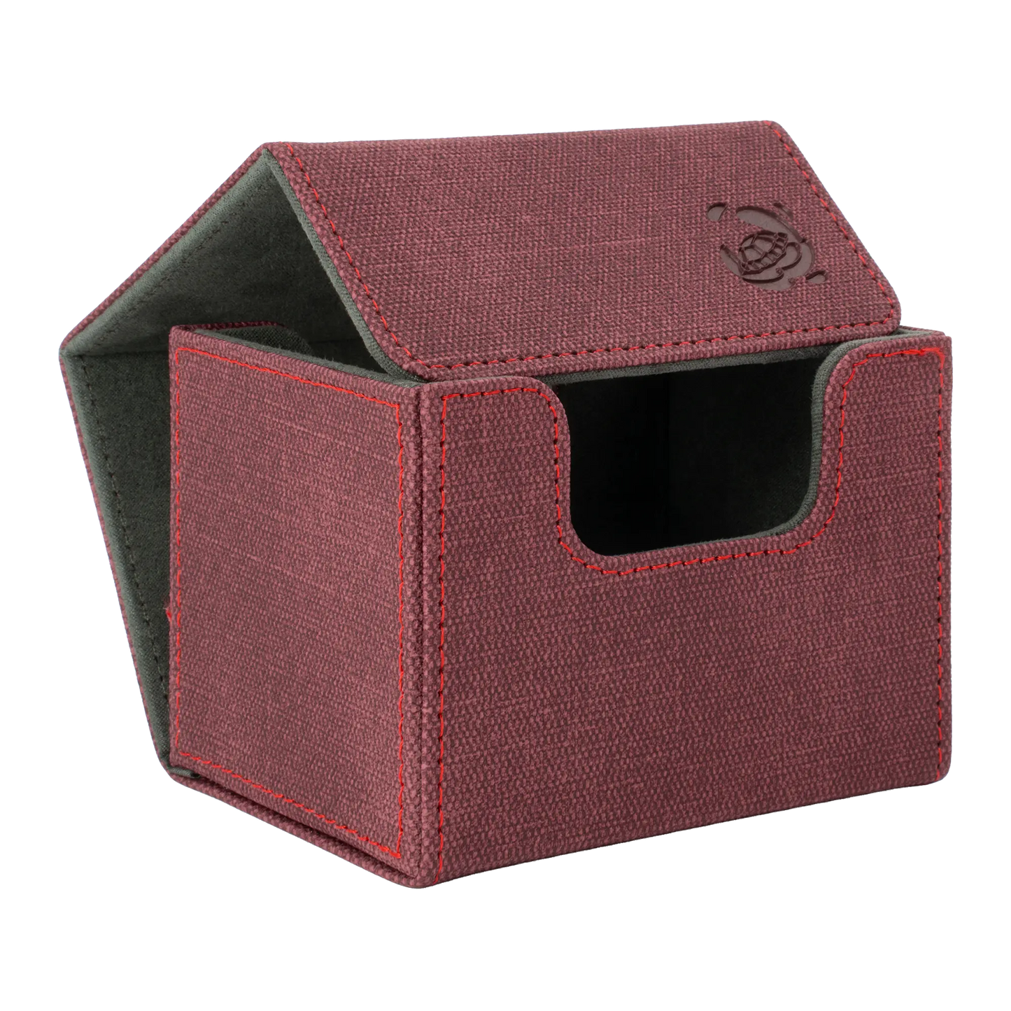 open wine red resistant denim-like caratex cardcove 100+ deck box with magnetic cover and extra-wide interior for outer sleeves that fits up to 100 double-sleeved or 120 single-sleeved standard or japanese size tcg trading cards
