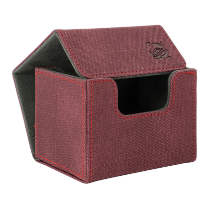 open wine red resistant denim-like caratex cardcove 100+ deck box with magnetic cover and extra-wide interior for outer sleeves that fits up to 100 double-sleeved or 120 single-sleeved standard or japanese size tcg trading cards