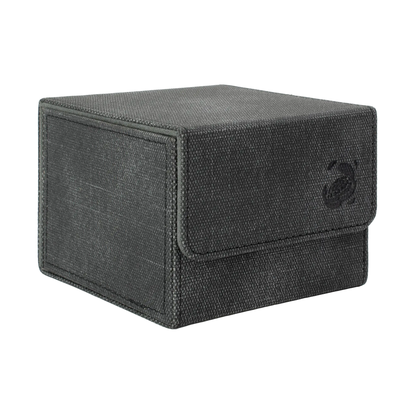 closed black resistant denim-like caratex cardcove 133+ deck box with magnetic cover and extra-wide interior for outer sleeves that fits up to 133 double-sleeved or 160 single-sleeved standard or japanese size tcg trading cards