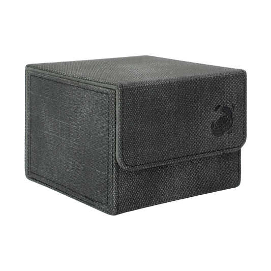 closed black resistant denim-like caratex cardcove 133+ deck box with magnetic cover and extra-wide interior for outer sleeves that fits up to 133 double-sleeved or 160 single-sleeved standard or japanese size tcg trading cards