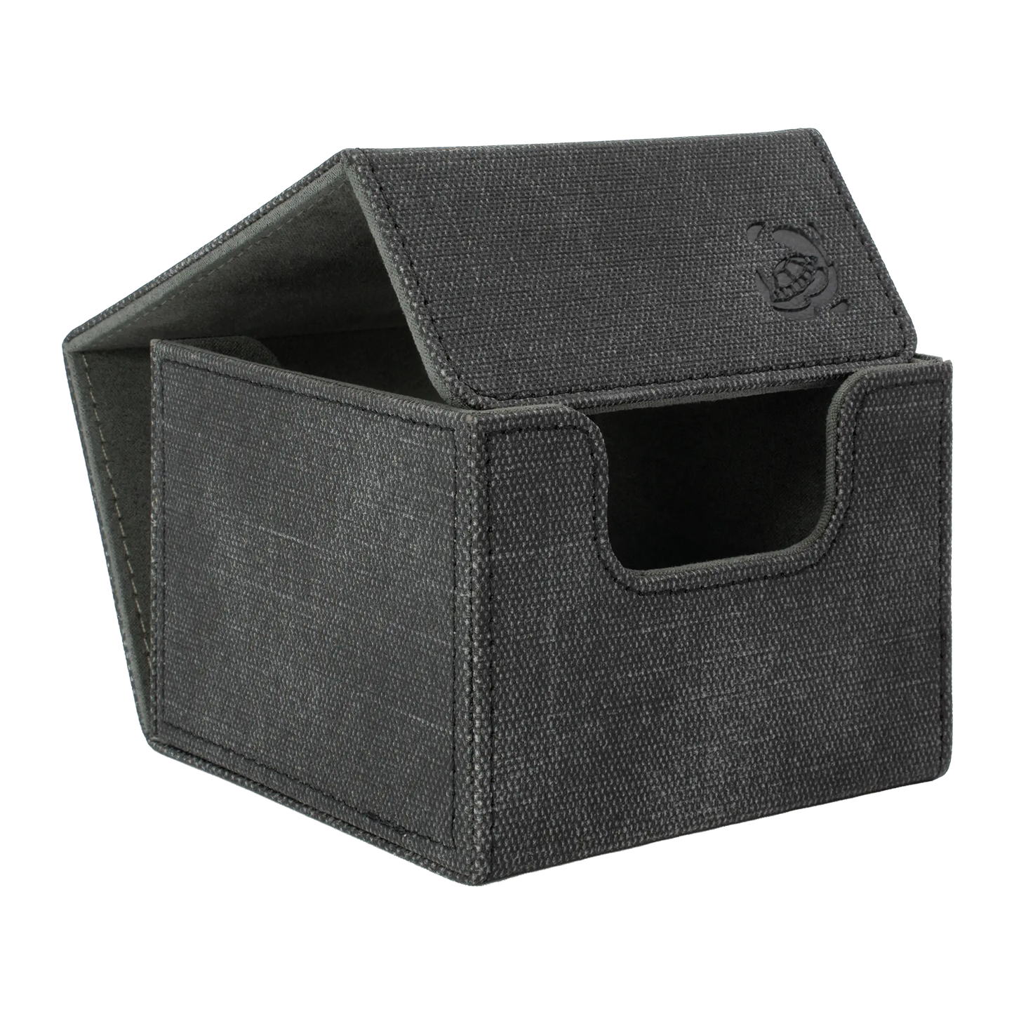 open black resistant denim-like caratex cardcove 133+ deck box with magnetic cover and extra-wide interior for outer sleeves that fits up to 133 double-sleeved or 160 single-sleeved standard or japanese size tcg trading cards