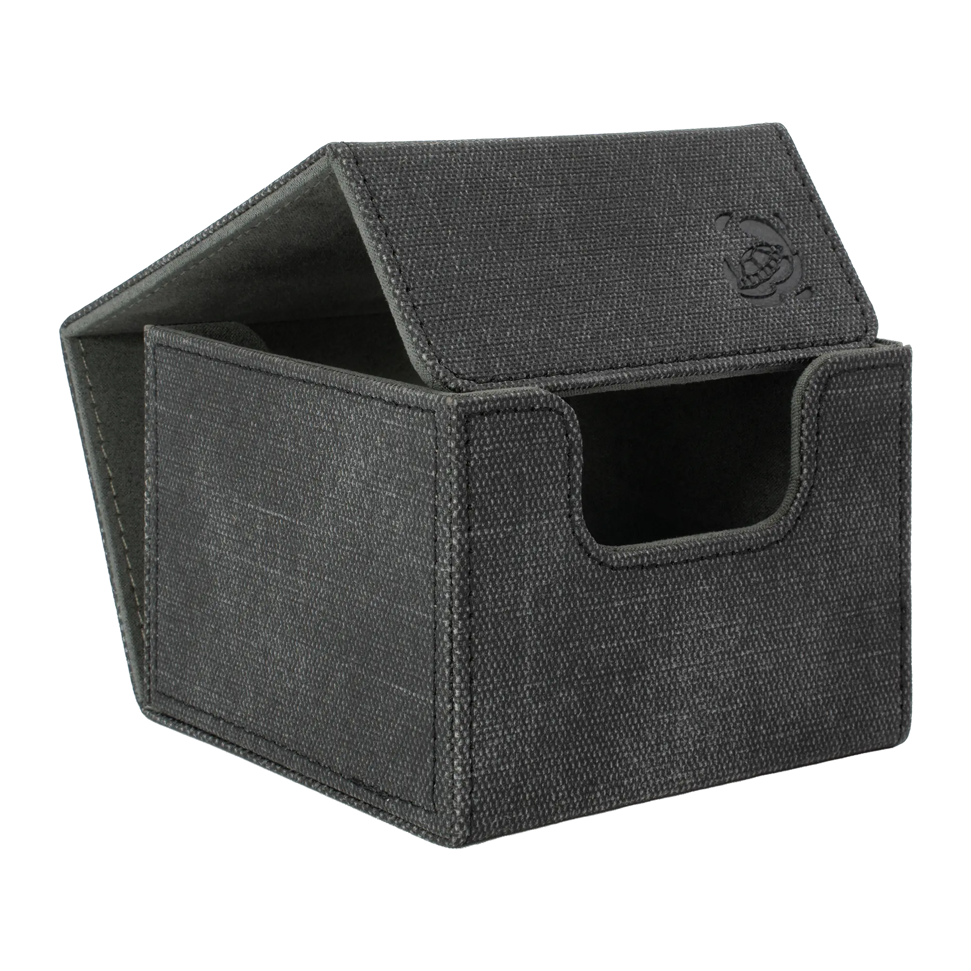 open black resistant denim-like caratex cardcove 133+ deck box with magnetic cover and extra-wide interior for outer sleeves that fits up to 133 double-sleeved or 160 single-sleeved standard or japanese size tcg trading cards