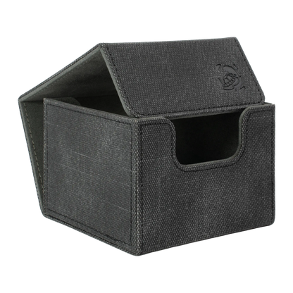 open black resistant denim-like caratex cardcove 133+ deck box with magnetic cover and extra-wide interior for outer sleeves that fits up to 133 double-sleeved or 160 single-sleeved standard or japanese size tcg trading cards