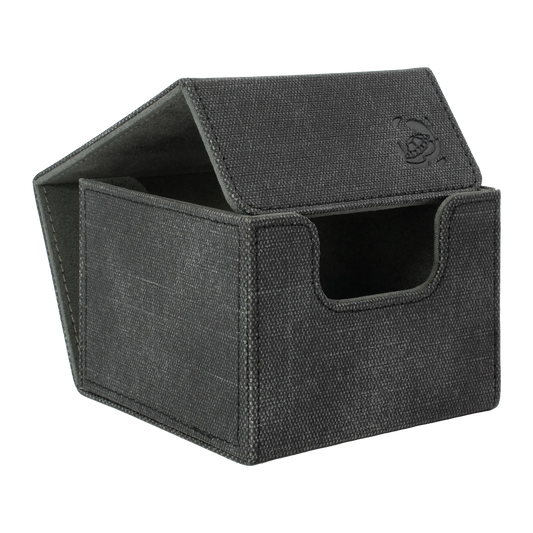 open black resistant denim-like caratex cardcove 133+ deck box with magnetic cover and extra-wide interior for outer sleeves that fits up to 133 double-sleeved or 160 single-sleeved standard or japanese size tcg trading cards