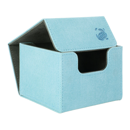 open light blue resistant denim-like caratex cardcove 133+ deck box with magnetic cover and extra-wide interior for outer sleeves that fits up to 133 double-sleeved or 160 single-sleeved standard or japanese size tcg trading cards