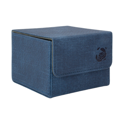 closed night blue resistant denim-like caratex cardcove 133+ deck box with magnetic cover and extra-wide interior for outer sleeves that fits up to 133 double-sleeved or 160 single-sleeved standard or japanese size tcg trading cards