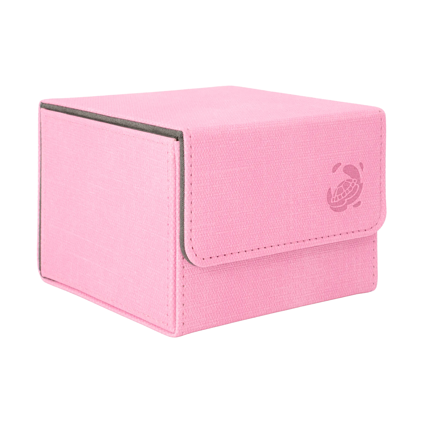 closed pastel pink resistant denim-like caratex cardcove 133+ deck box with magnetic cover and extra-wide interior for outer sleeves that fits up to 133 double-sleeved or 160 single-sleeved standard or japanese size tcg trading cards