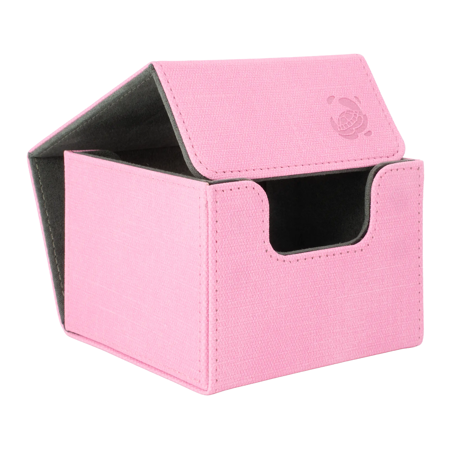 open pastel pink resistant denim-like caratex cardcove 133+ deck box with magnetic cover and extra-wide interior for outer sleeves that fits up to 133 double-sleeved or 160 single-sleeved standard or japanese size tcg trading cards