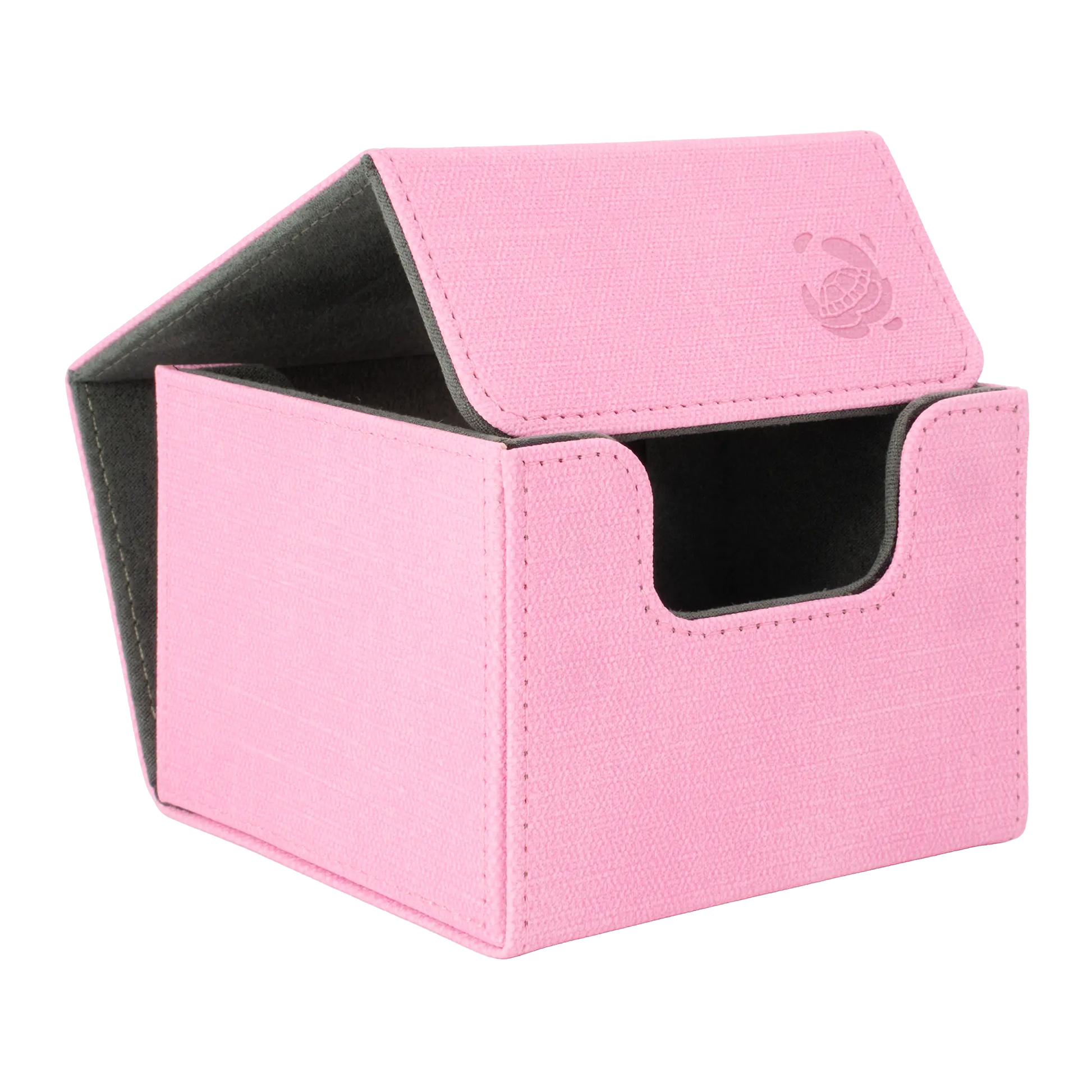 open pastel pink resistant denim-like caratex cardcove 133+ deck box with magnetic cover and extra-wide interior for outer sleeves that fits up to 133 double-sleeved or 160 single-sleeved standard or japanese size tcg trading cards