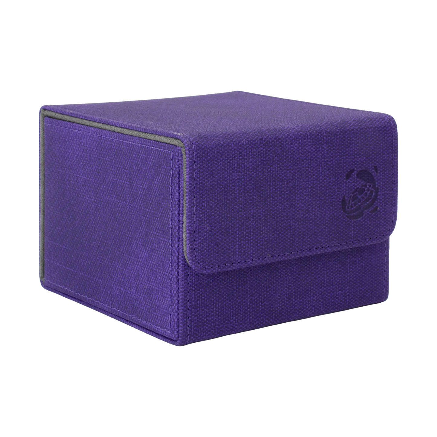 closed purple resistant denim-like caratex cardcove 133+ deck box with magnetic cover and extra-wide interior for outer sleeves that fits up to 133 double-sleeved or 160 single-sleeved standard or japanese size tcg trading cards