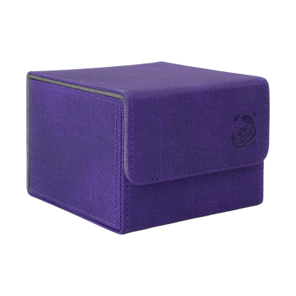 closed purple resistant denim-like caratex cardcove 133+ deck box with magnetic cover and extra-wide interior for outer sleeves that fits up to 133 double-sleeved or 160 single-sleeved standard or japanese size tcg trading cards