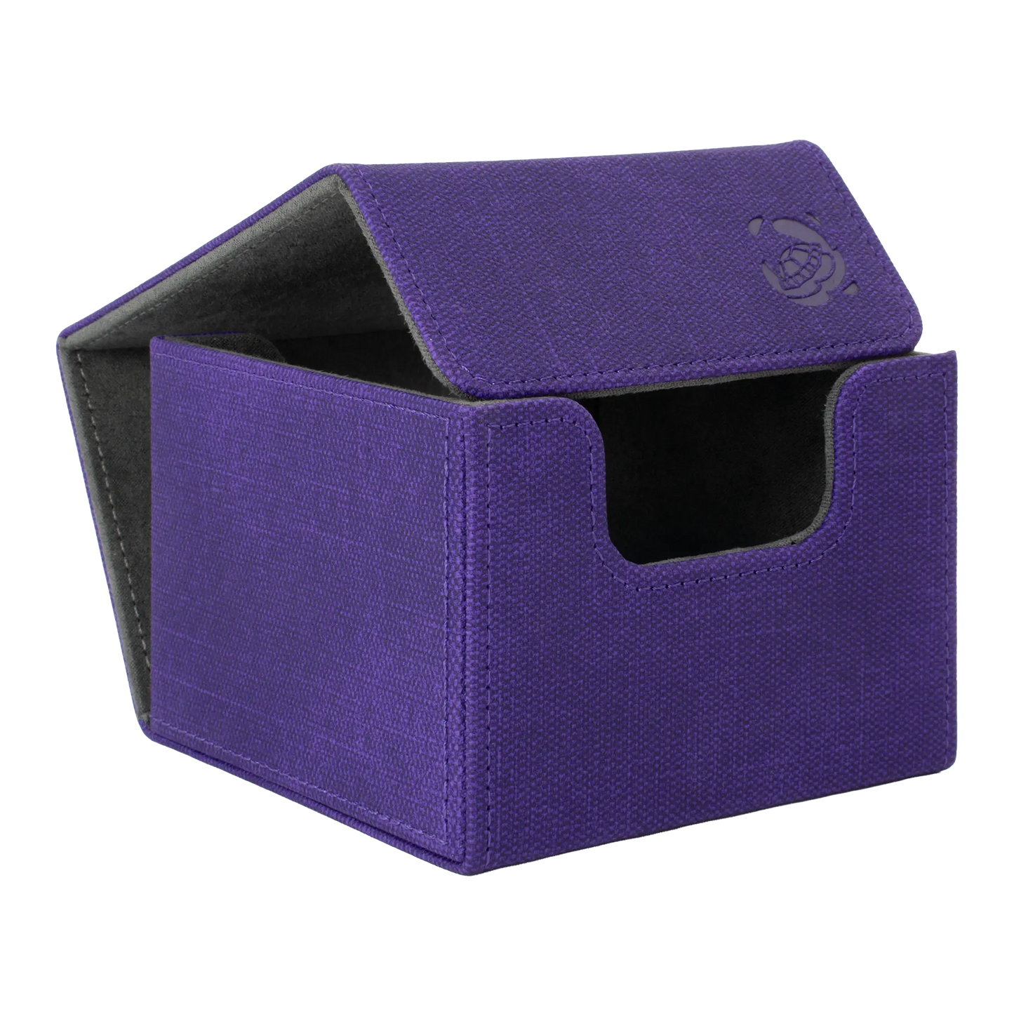 open purple resistant denim-like caratex cardcove 133+ deck box with magnetic cover and extra-wide interior for outer sleeves that fits up to 133 double-sleeved or 160 single-sleeved standard or japanese size tcg trading cards