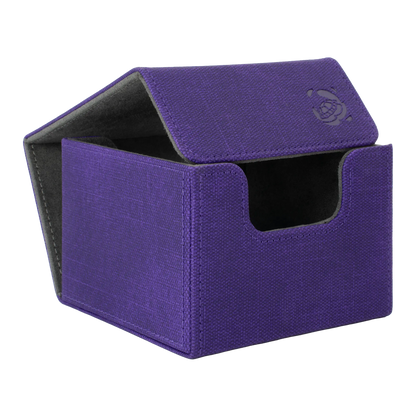 open purple resistant denim-like caratex cardcove 133+ deck box with magnetic cover and extra-wide interior for outer sleeves that fits up to 133 double-sleeved or 160 single-sleeved standard or japanese size tcg trading cards