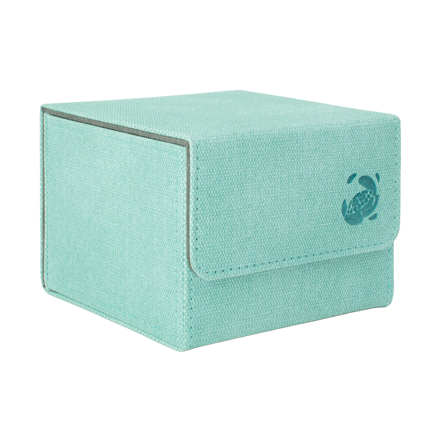 closed turquoise resistant denim-like caratex cardcove 133+ deck box with magnetic cover and extra-wide interior for outer sleeves that fits up to 133 double-sleeved or 160 single-sleeved standard or japanese size tcg trading cards