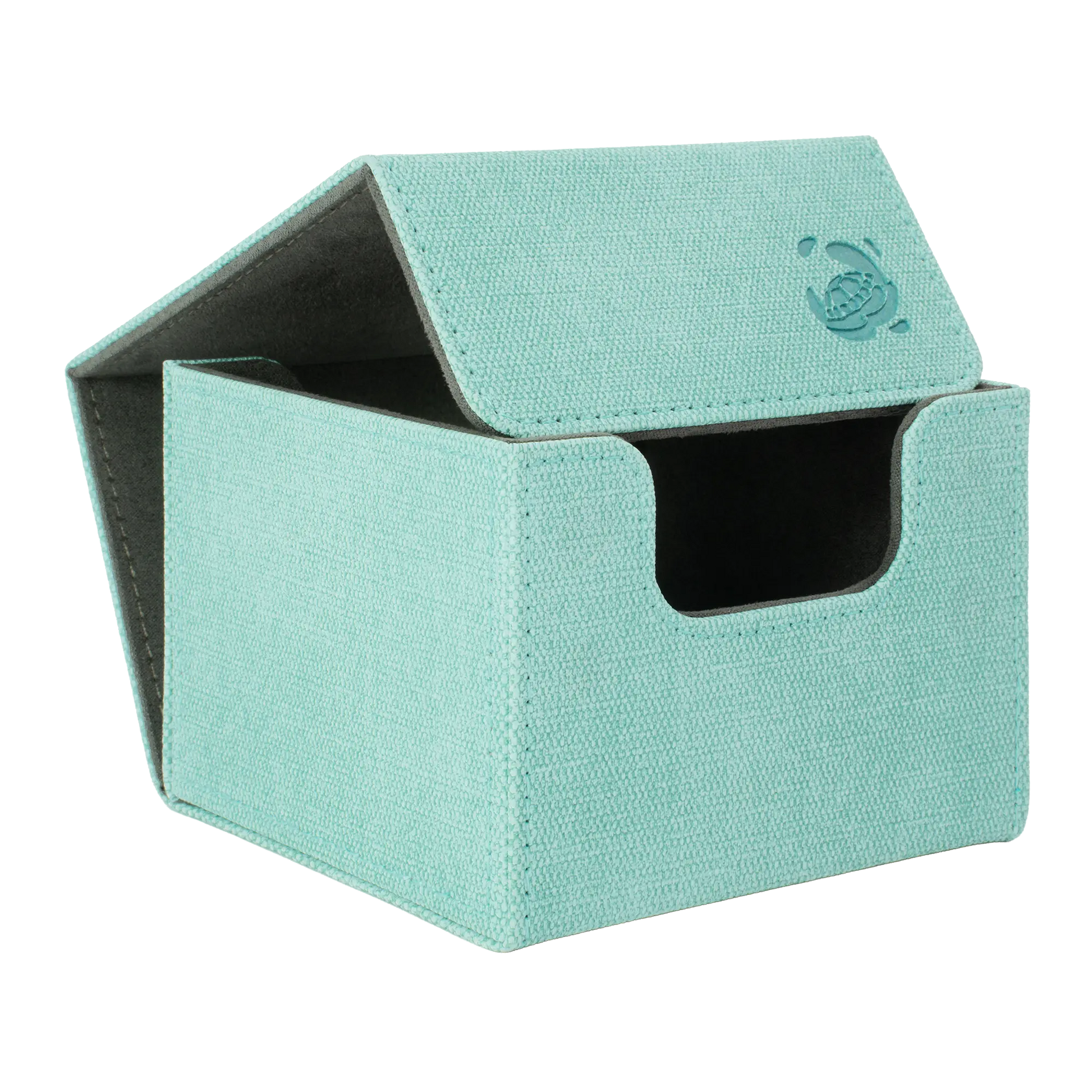 open turquoise resistant denim-like caratex cardcove 133+ deck box with magnetic cover and extra-wide interior for outer sleeves that fits up to 133 double-sleeved or 160 single-sleeved standard or japanese size tcg trading cards