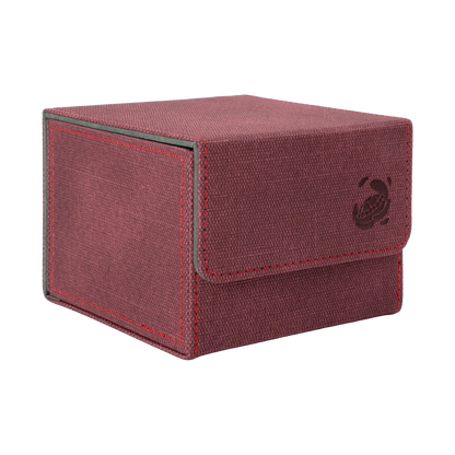 closed wine red resistant denim-like caratex cardcove 133+ deck box with magnetic cover and extra-wide interior for outer sleeves that fits up to 133 double-sleeved or 160 single-sleeved standard or japanese size tcg trading cards