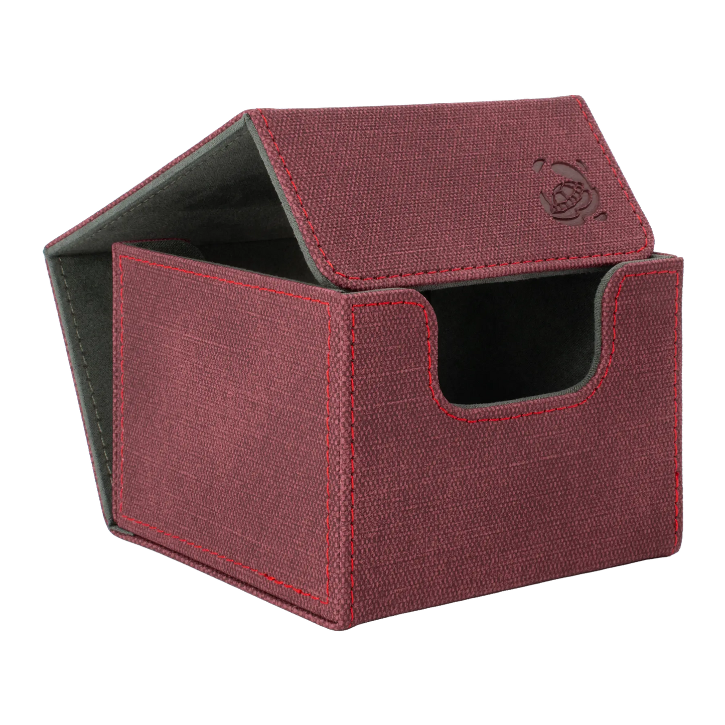 open wine red resistant denim-like caratex cardcove 133+ deck box with magnetic cover and extra-wide interior for outer sleeves that fits up to 133 double-sleeved or 160 single-sleeved standard or japanese size tcg trading cards