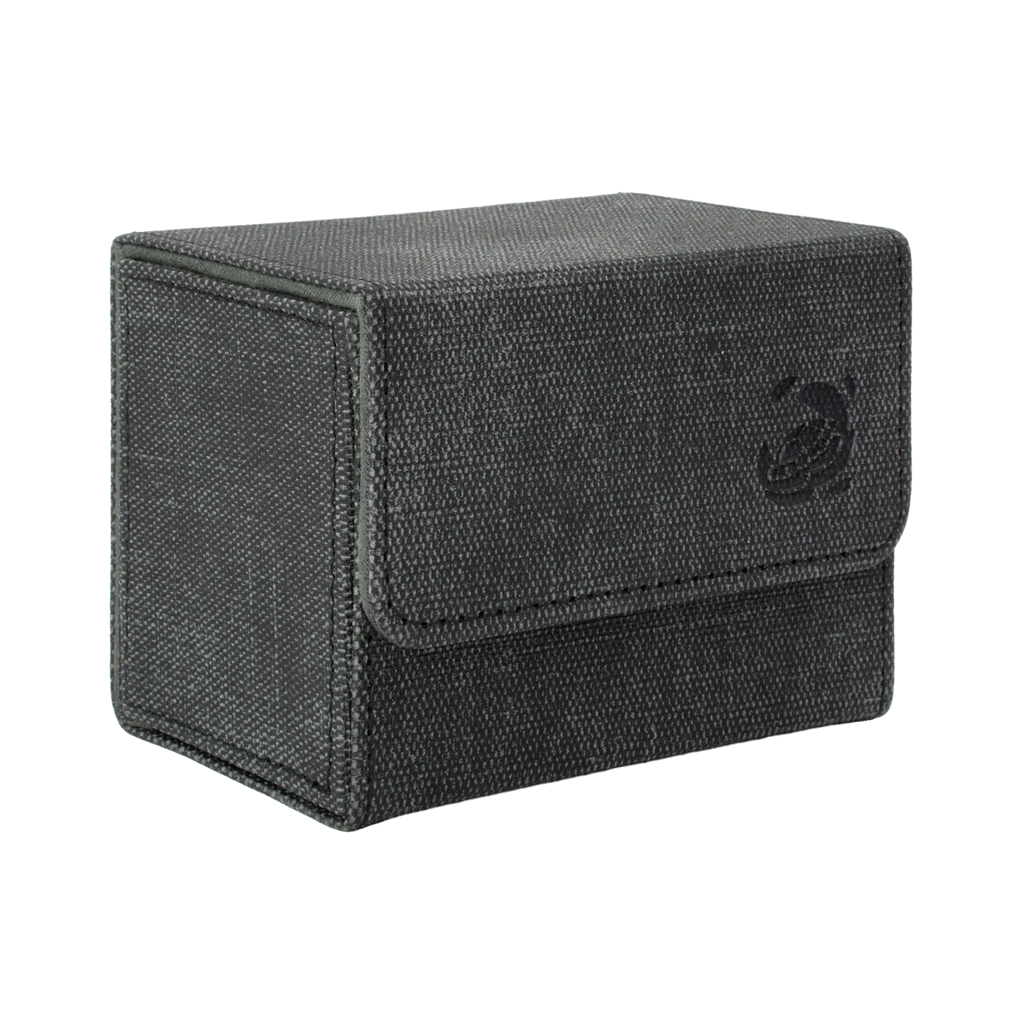 closed black resistant denim-like caratex cardcove 80+ deck box with magnetic cover and extra-wide interior for outer sleeves that fits up to 80 double-sleeved or 100 single-sleeved standard or japanese size tcg trading cards