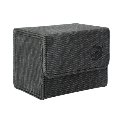 closed black resistant denim-like caratex cardcove 80+ deck box with magnetic cover and extra-wide interior for outer sleeves that fits up to 80 double-sleeved or 100 single-sleeved standard or japanese size tcg trading cards
