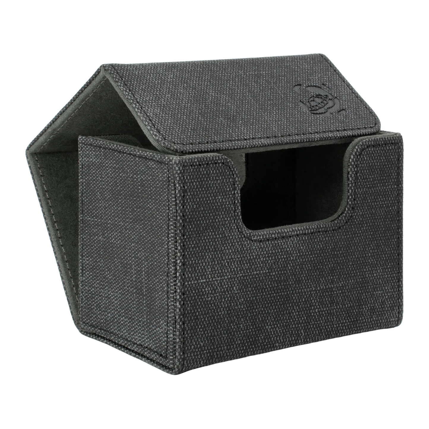 closed black resistant denim-like caratex cardcove 80+ deck box with magnetic cover and extra-wide interior for outer sleeves that fits up to 80 double-sleeved or 100 single-sleeved standard or japanese size tcg trading cards