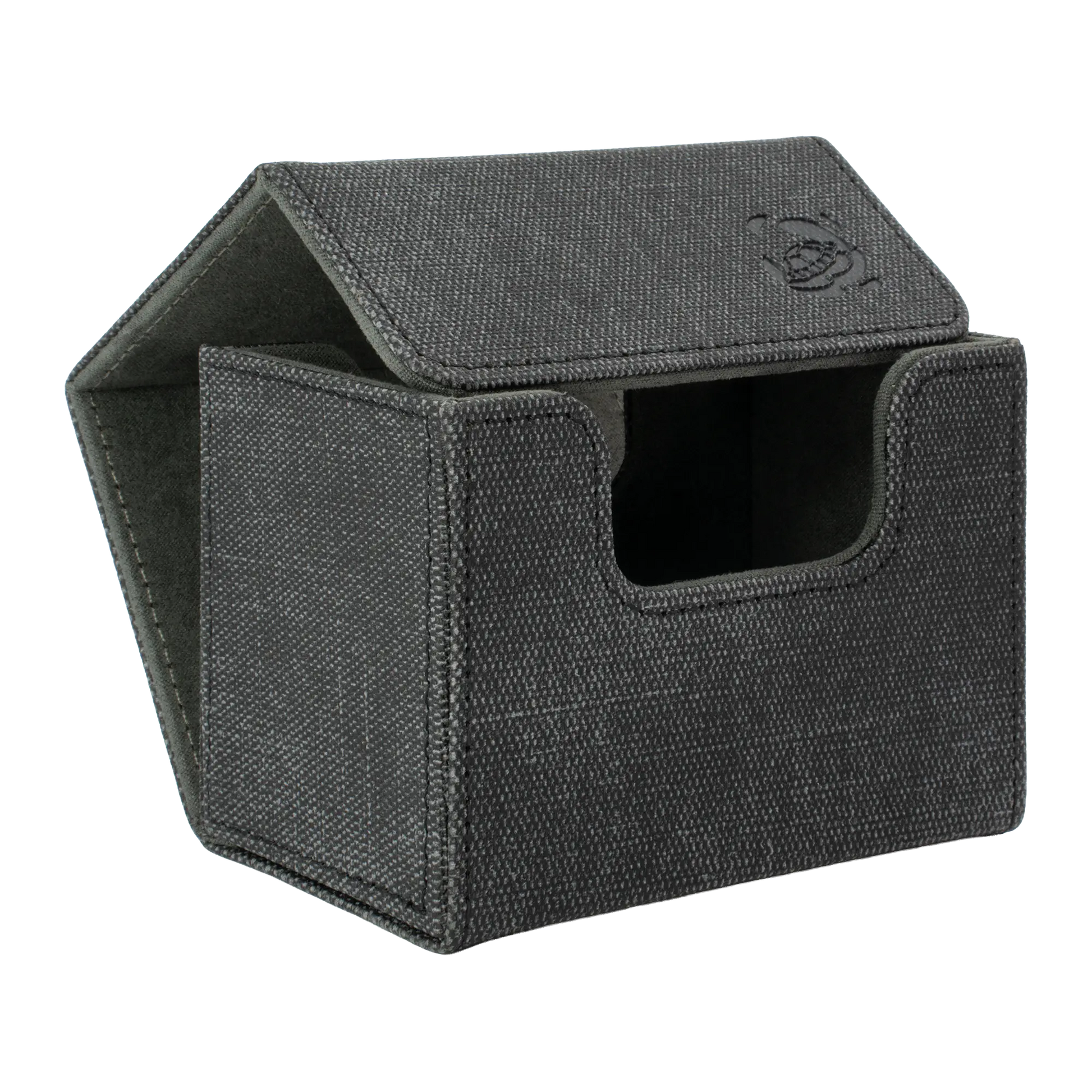 closed black resistant denim-like caratex cardcove 80+ deck box with magnetic cover and extra-wide interior for outer sleeves that fits up to 80 double-sleeved or 100 single-sleeved standard or japanese size tcg trading cards