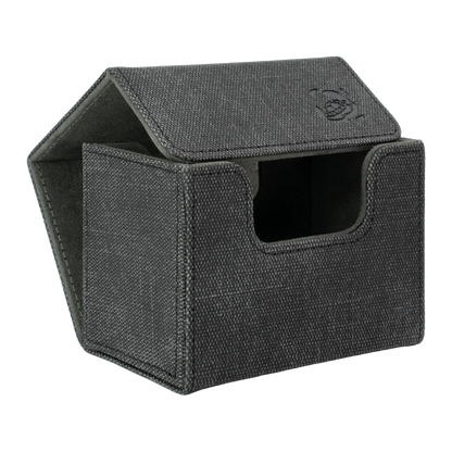 closed black resistant denim-like caratex cardcove 80+ deck box with magnetic cover and extra-wide interior for outer sleeves that fits up to 80 double-sleeved or 100 single-sleeved standard or japanese size tcg trading cards