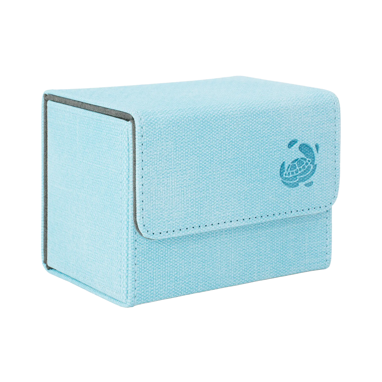 closed light blue resistant denim-like cardcove 80+ deck box with magnetic cover and extra-wide interior for outer sleeves that fits up to 80 double-sleeved or 100 single-sleeved standard or japanese size tcg trading cards
