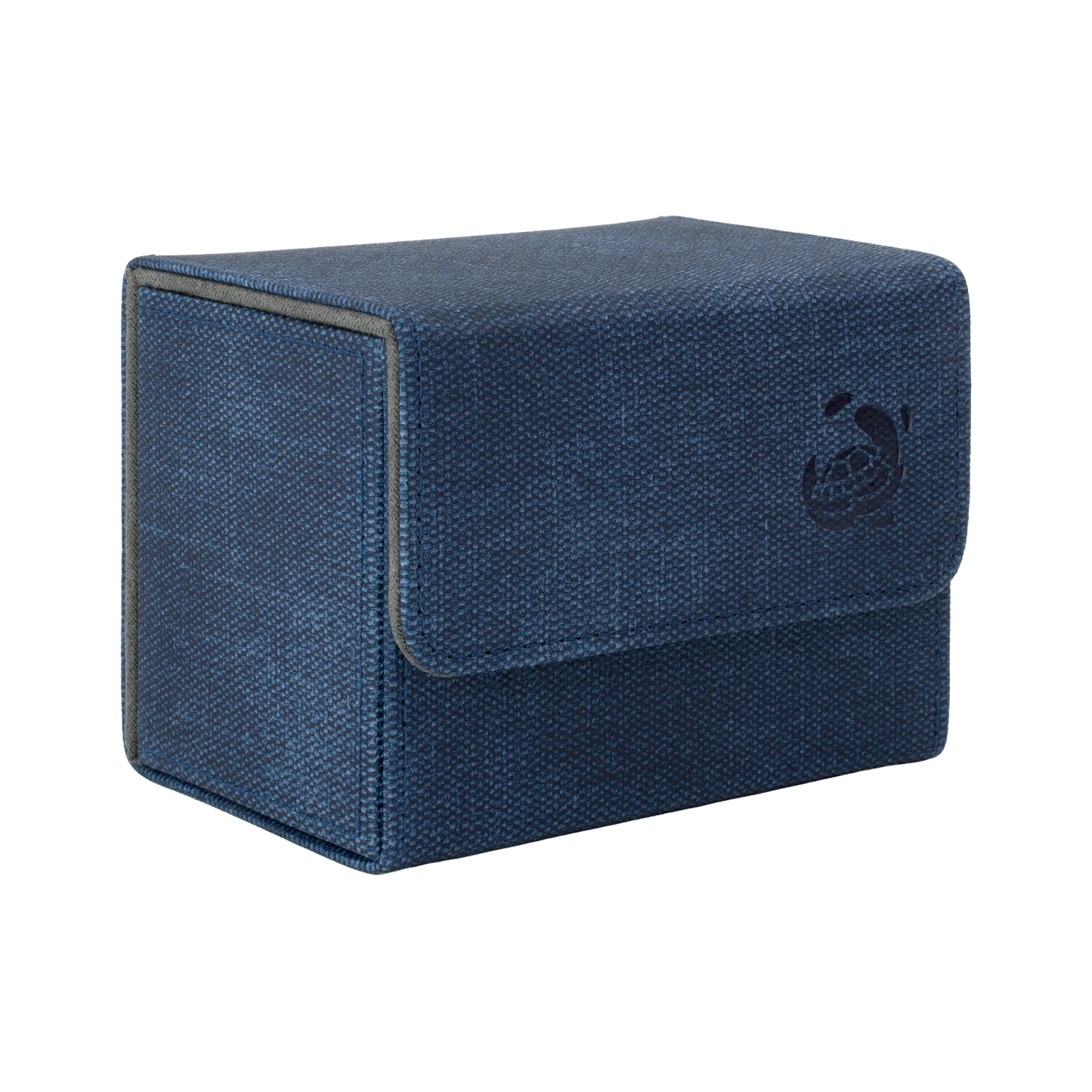 closed night blue resistant denim-like caratex cardcove 80+ deck box with magnetic cover and extra-wide interior for outer sleeves that fits up to 80 double-sleeved or 100 single-sleeved standard or japanese size tcg trading cards
