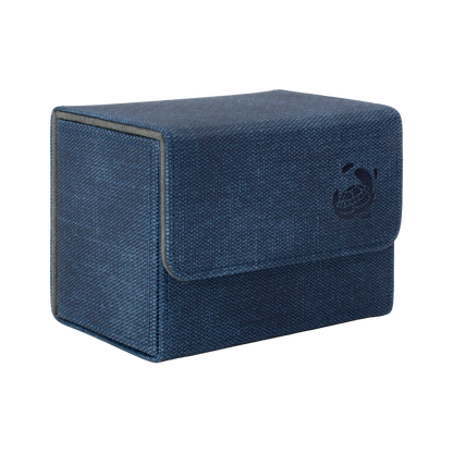 closed night blue resistant denim-like caratex cardcove 80+ deck box with magnetic cover and extra-wide interior for outer sleeves that fits up to 80 double-sleeved or 100 single-sleeved standard or japanese size tcg trading cards