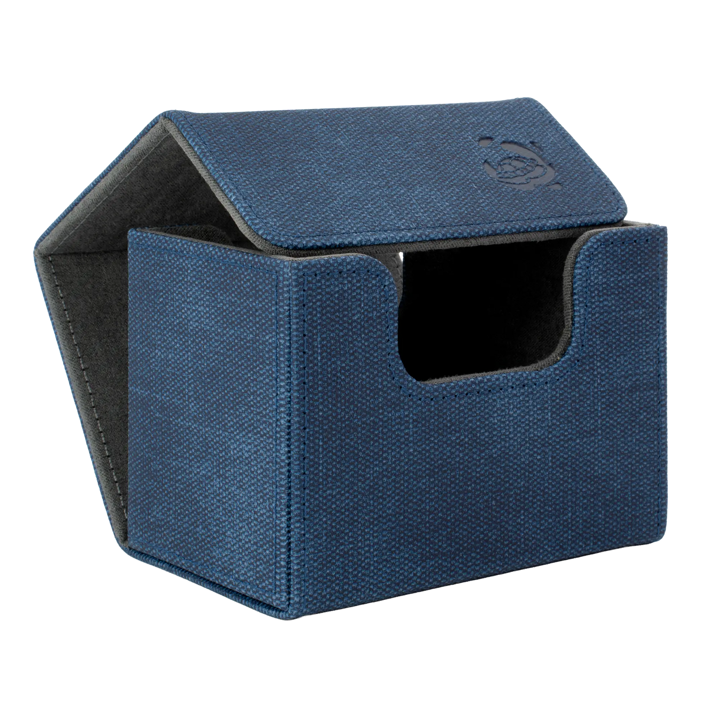 open night blue resistant denim-like caratex cardcove 80+ deck box with magnetic cover and extra-wide interior for outer sleeves that fits up to 80 double-sleeved or 100 single-sleeved standard or japanese size tcg trading cards