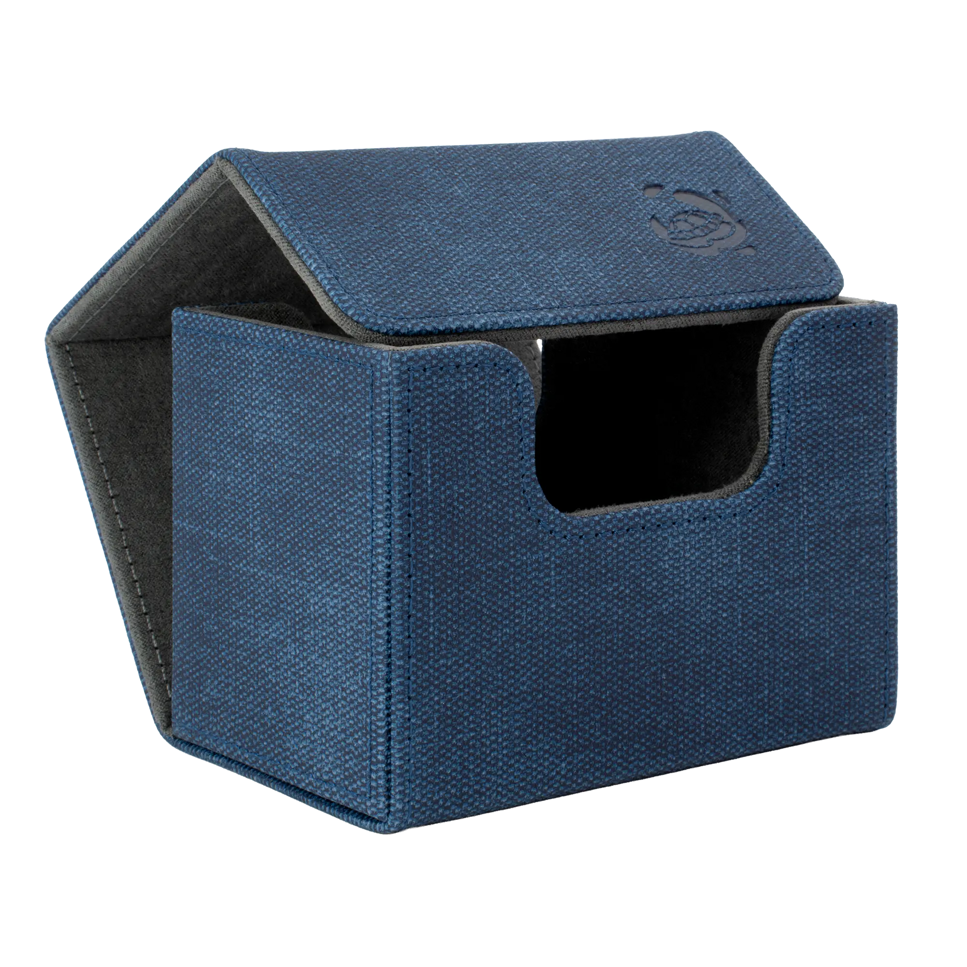 open night blue resistant denim-like caratex cardcove 80+ deck box with magnetic cover and extra-wide interior for outer sleeves that fits up to 80 double-sleeved or 100 single-sleeved standard or japanese size tcg trading cards