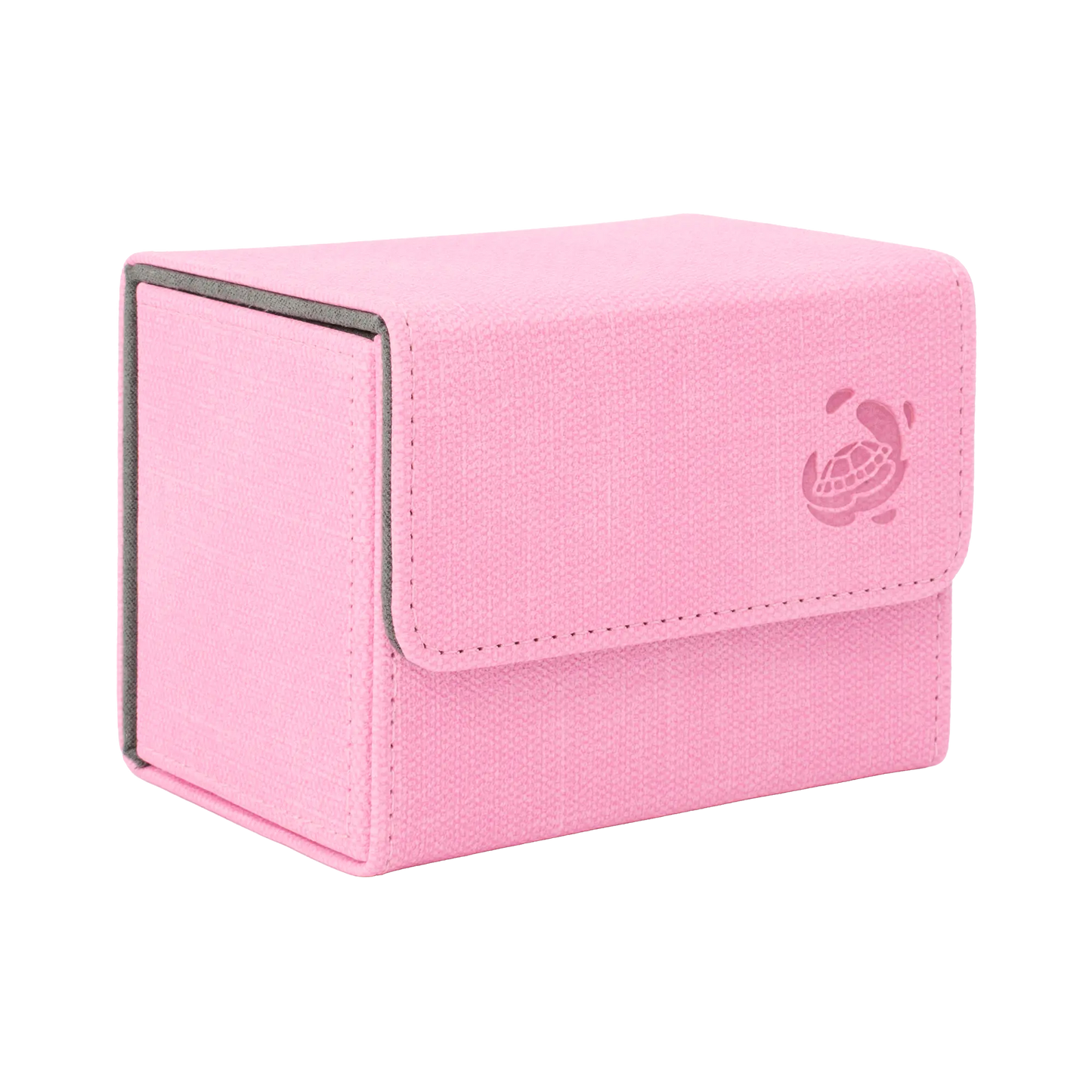 closed pastel pink resistant denim-like caratex cardcove 80+ deck box with magnetic cover and extra-wide interior for outer sleeves that fits up to 80 double-sleeved or 100 single-sleeved standard or japanese size tcg trading cards
