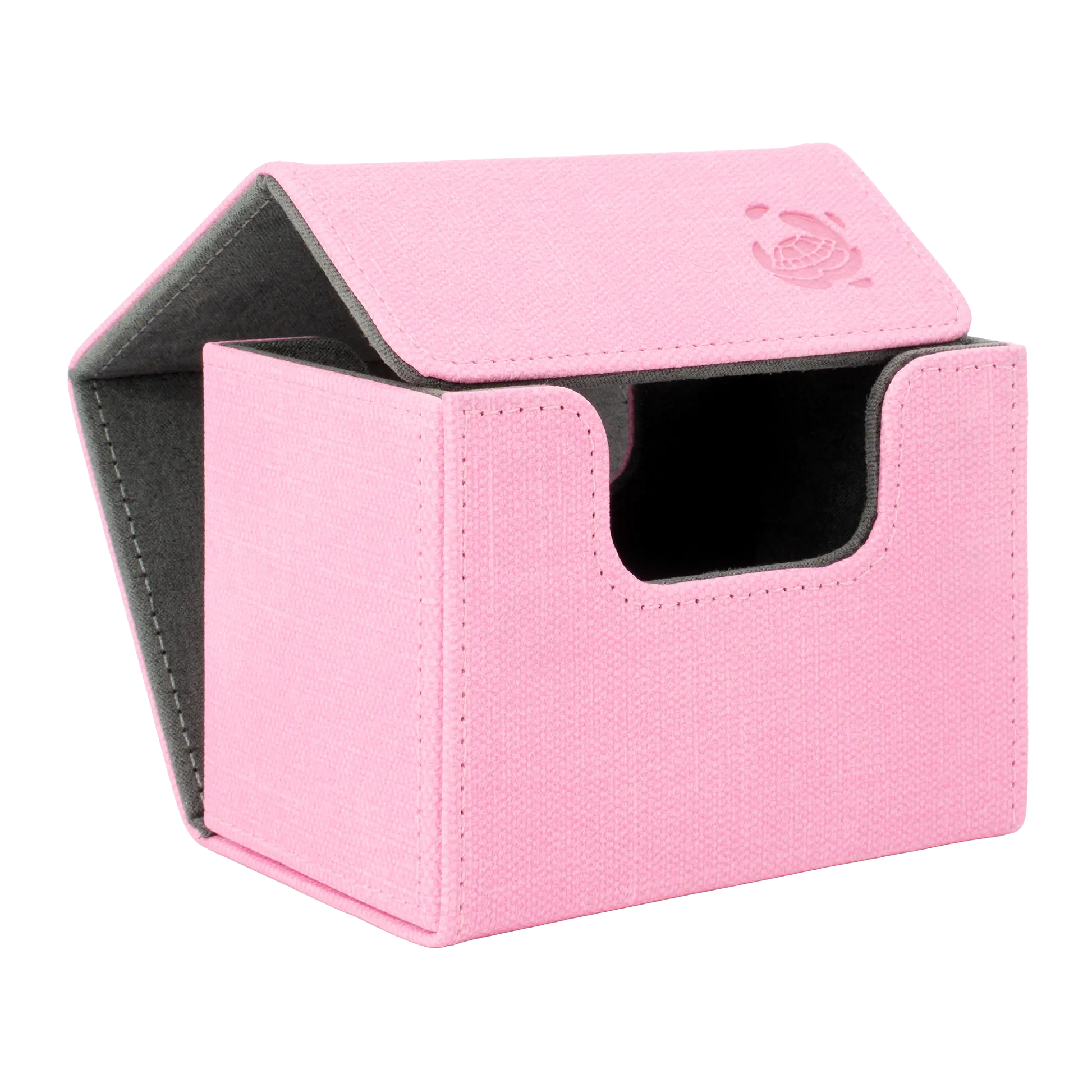open pastel pink resistant denim-like caratex cardcove 80+ deck box with magnetic cover and extra-wide interior for outer sleeves that fits up to 80 double-sleeved or 100 single-sleeved standard or japanese size tcg trading cards