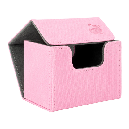 open pastel pink resistant denim-like caratex cardcove 80+ deck box with magnetic cover and extra-wide interior for outer sleeves that fits up to 80 double-sleeved or 100 single-sleeved standard or japanese size tcg trading cards