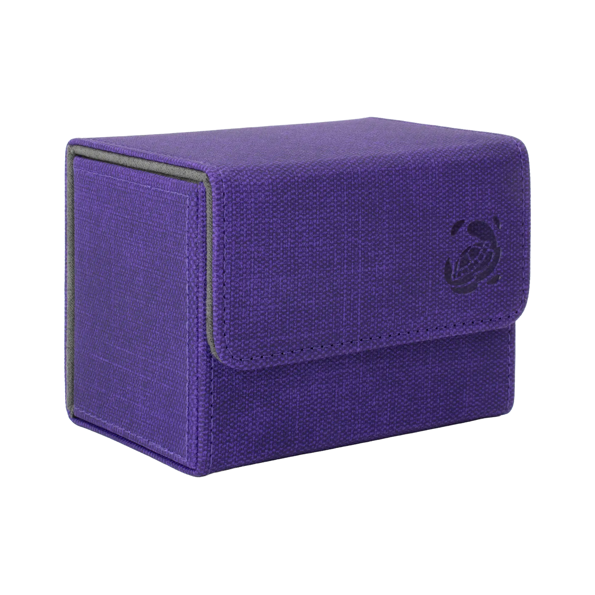 closed purple resistant denim-like caratex cardcove 80+ deck box with magnetic cover and extra-wide interior for outer sleeves that fits up to 80 double-sleeved or 100 single-sleeved standard or japanese size tcg trading cards