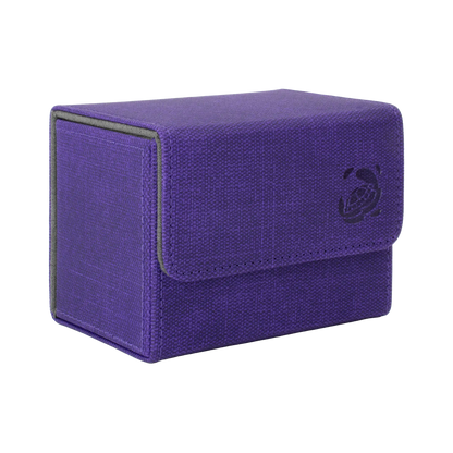 closed purple resistant denim-like caratex cardcove 80+ deck box with magnetic cover and extra-wide interior for outer sleeves that fits up to 80 double-sleeved or 100 single-sleeved standard or japanese size tcg trading cards