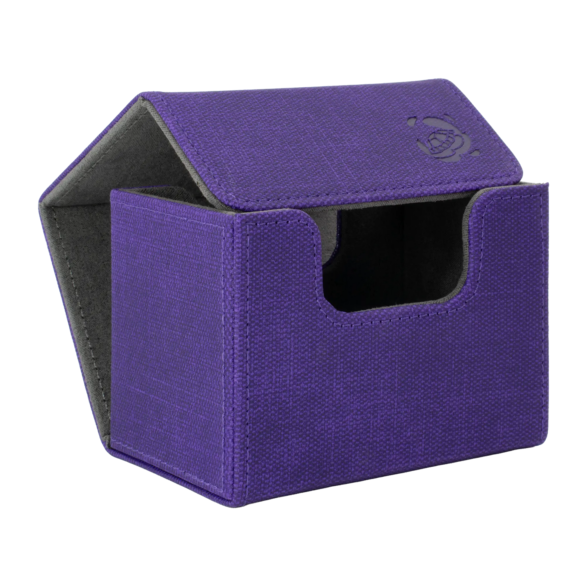 open purple resistant denim-like caratex cardcove 80+ deck box with magnetic cover and extra-wide interior for outer sleeves that fits up to 80 double-sleeved or 100 single-sleeved standard or japanese size tcg trading cards