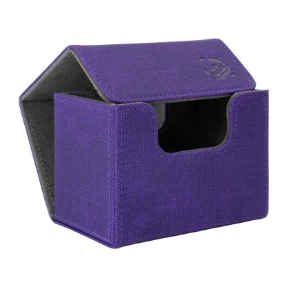 open purple resistant denim-like caratex cardcove 80+ deck box with magnetic cover and extra-wide interior for outer sleeves that fits up to 80 double-sleeved or 100 single-sleeved standard or japanese size tcg trading cards