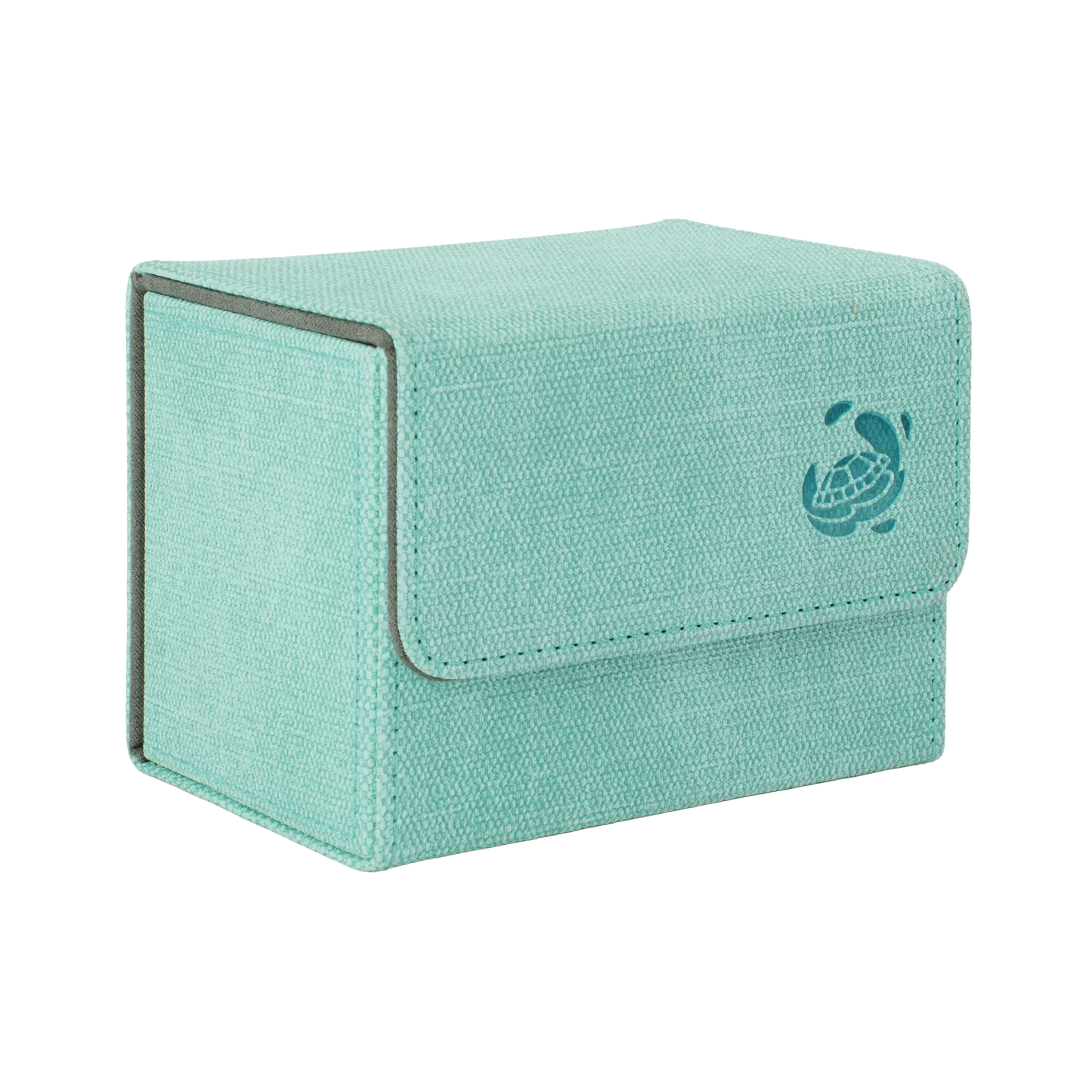 closed turquoise resistant denim-like caratex cardcove 80+ deck box with magnetic cover and extra-wide interior for outer sleeves that fits up to 80 double-sleeved or 100 single-sleeved standard or japanese size tcg trading cards