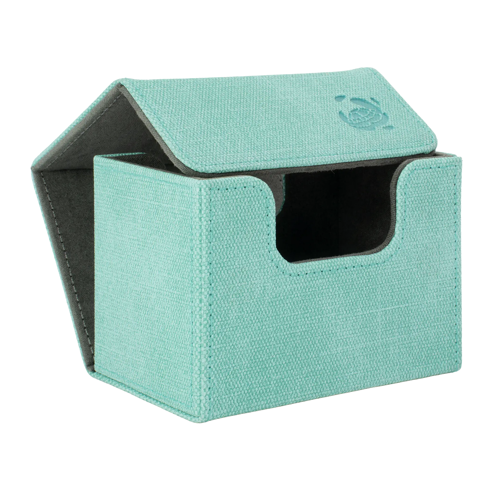 open turquoise resistant denim-like caratex cardcove 80+ deck box with magnetic cover and extra-wide interior for outer sleeves that fits up to 80 double-sleeved or 100 single-sleeved standard or japanese size tcg trading cards