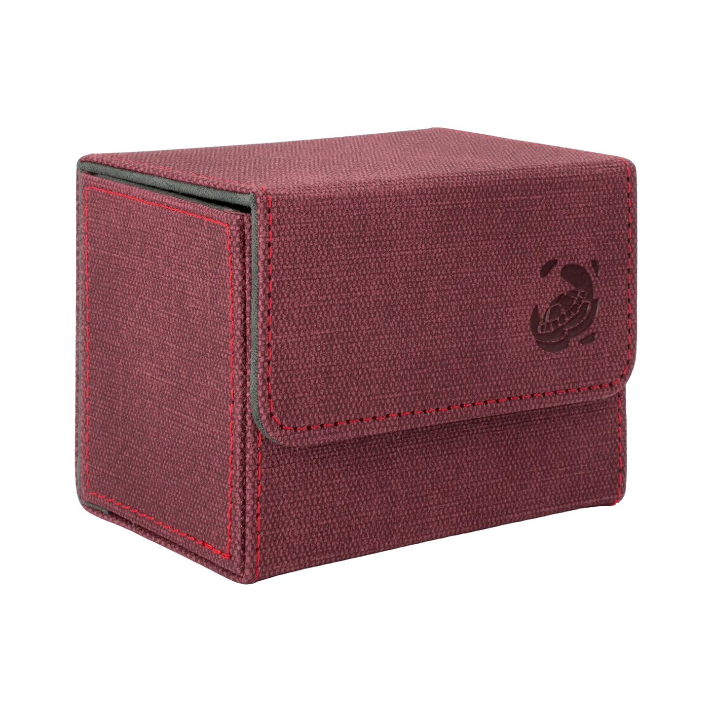 closed wine red resistant denim-like caratex cardcove 80+ deck box with magnetic cover and extra-wide interior for outer sleeves that fits up to 80 double-sleeved or 100 single-sleeved standard or japanese size tcg trading cards
