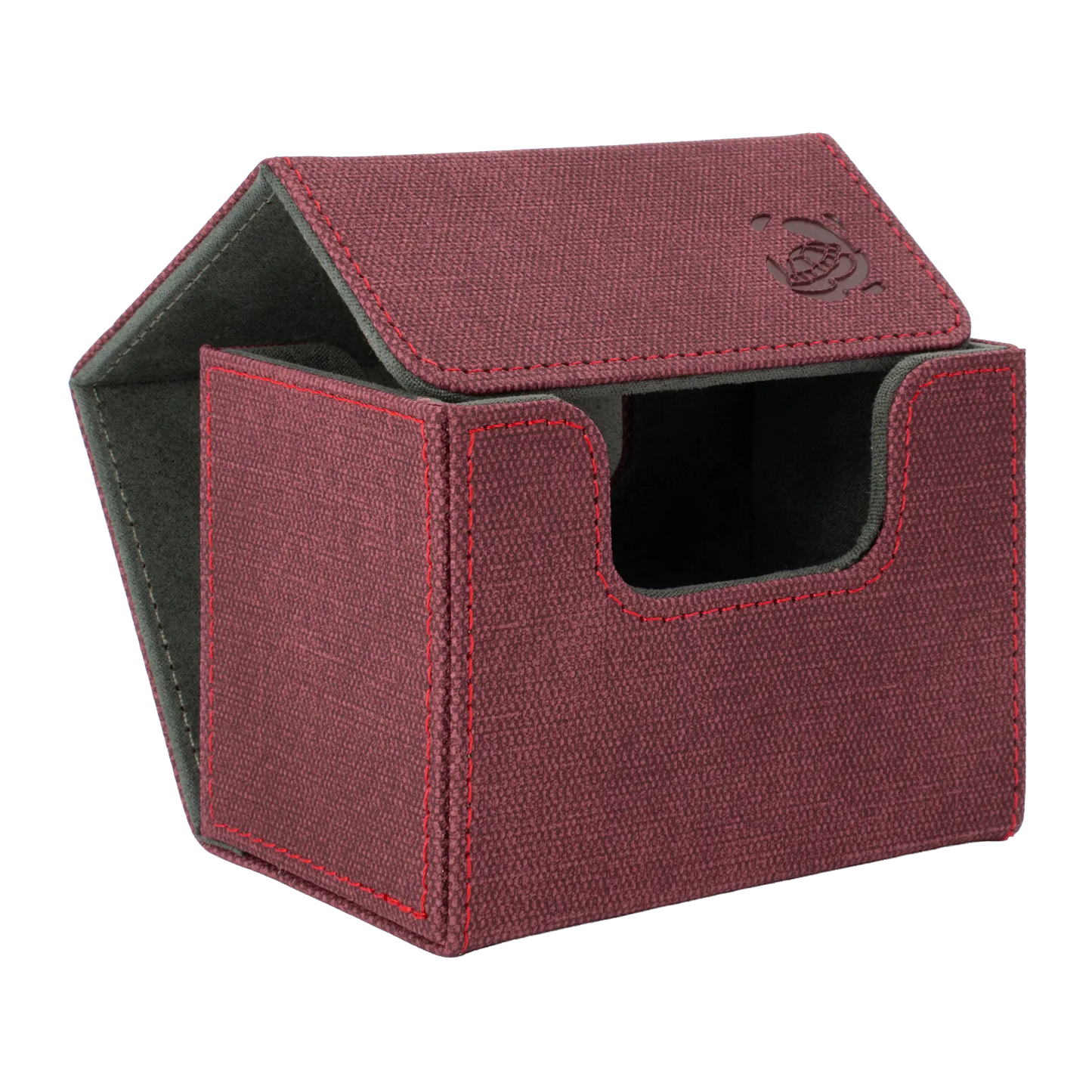 open wine red resistant denim-like caratex cardcove 80+ deck box with magnetic cover and extra-wide interior for outer sleeves that fits up to 80 double-sleeved or 100 single-sleeved standard or japanese size tcg trading cards