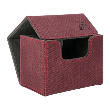 open wine red resistant denim-like caratex cardcove 80+ deck box with magnetic cover and extra-wide interior for outer sleeves that fits up to 80 double-sleeved or 100 single-sleeved standard or japanese size tcg trading cards