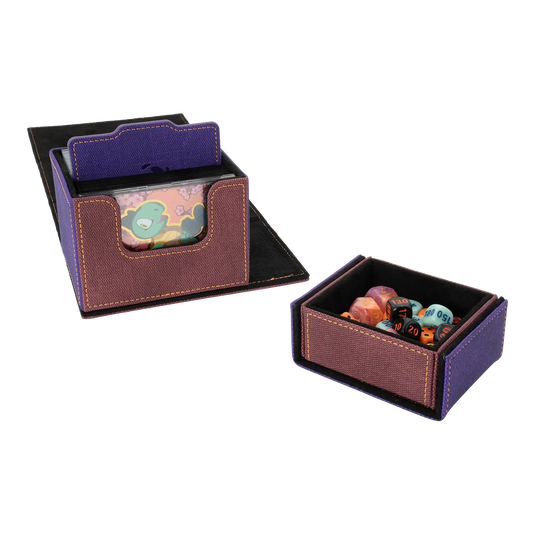 TourneyCove 120+ double-sleeved deck box in purple and wine red with removable dice tray holding colorful dice for trading card games