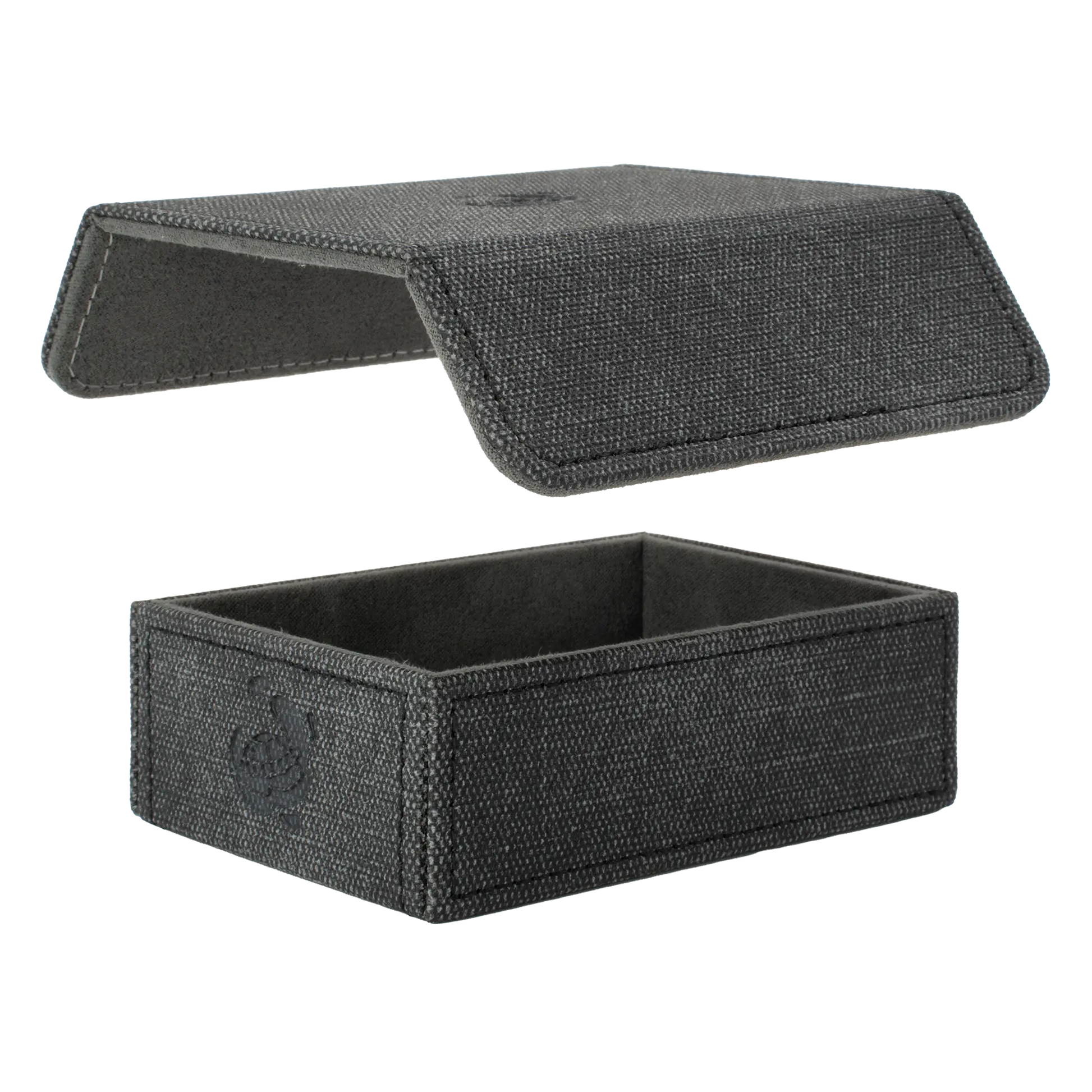 removable, magnetic cover and bottom of empty black resistant denim-like caratex tokencove box for dice, tokens and counters or sleeved tcg trading cards