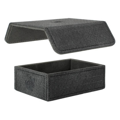removable, magnetic cover and bottom of empty black resistant denim-like caratex tokencove box for dice, tokens and counters or sleeved tcg trading cards