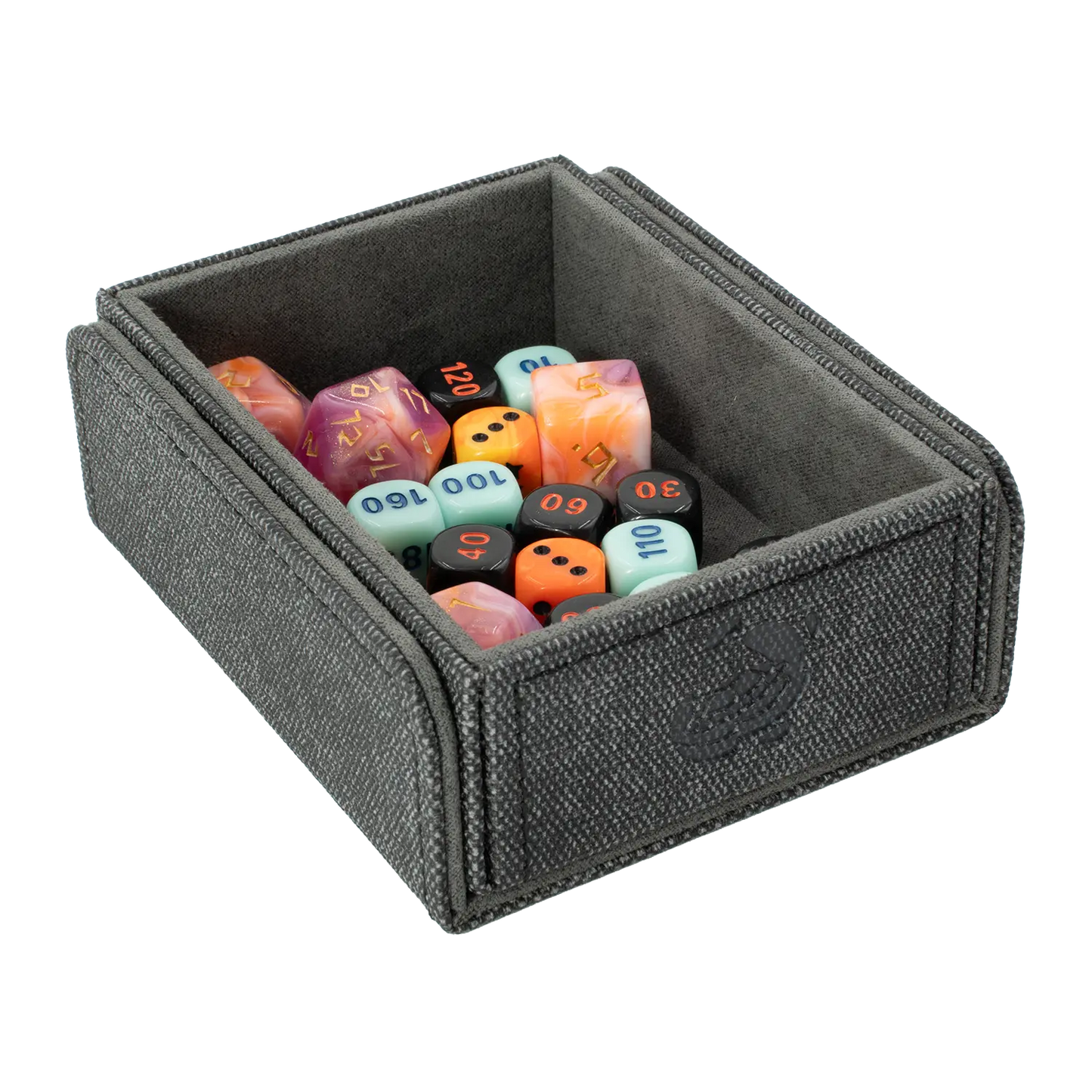 CaraTex TokenCove black open dice and token box filled with colorful dice for trading card and tabletop games