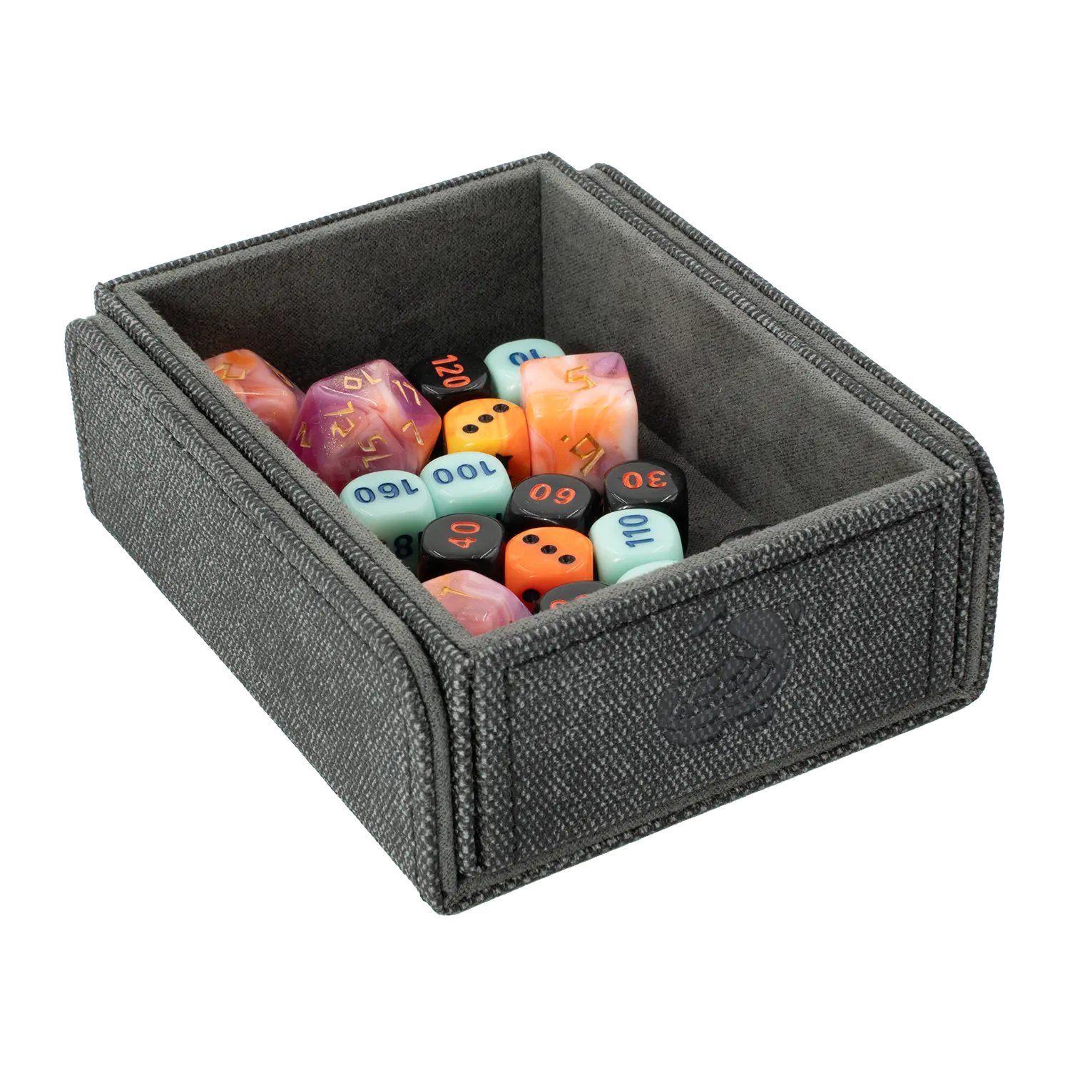 CaraTex TokenCove black open dice and token box filled with colorful dice for trading card and tabletop games