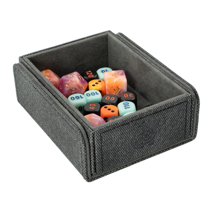 CaraTex TokenCove black open dice and token box filled with colorful dice for trading card and tabletop games