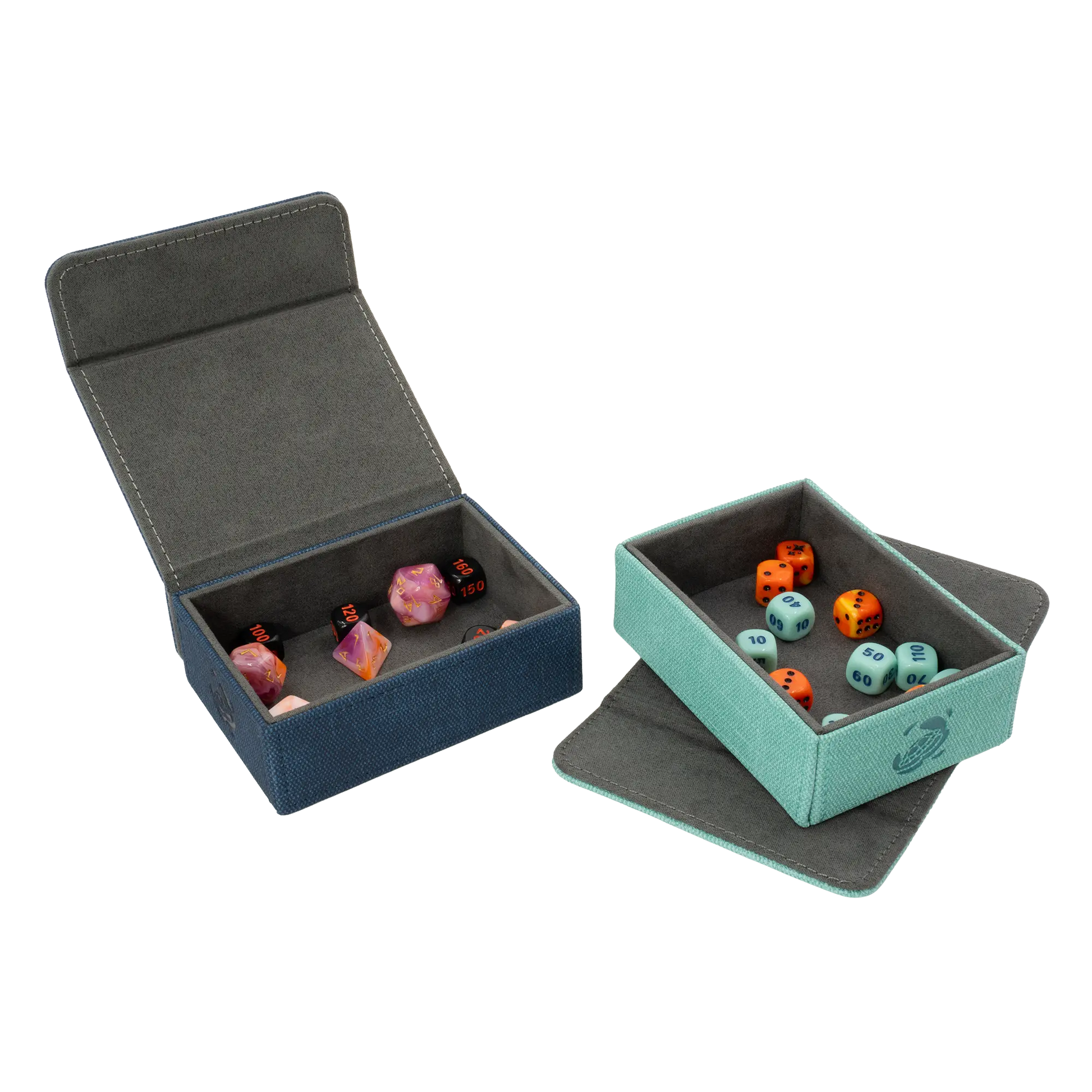 open night blue and turquoise resistant denim-like caratex tokencove boxes for dice, tokens and counters or sleeved tcg trading cards filled with various dice and with removable, magnetic cover clipped to side and placed under bottom